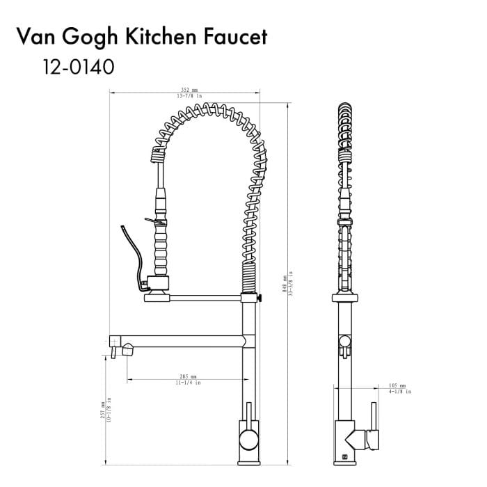 ZLINE Van Gogh Chrome Professional Kitchen Faucet VNG-KF-CH technical drawing with dimensions and design details.