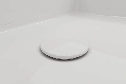 BOCCHI Drain Cover for Fireclay Kitchen Sink Strainers, white finish on fireclay sink surface.