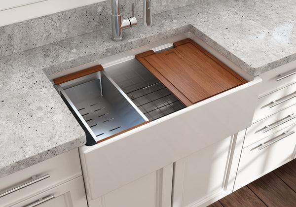 BOCCHI CONTEMPO 30 Fireclay Farmhouse Step Rim With Integrated Work Station Single Bowl Kitchen Sink With Accessories