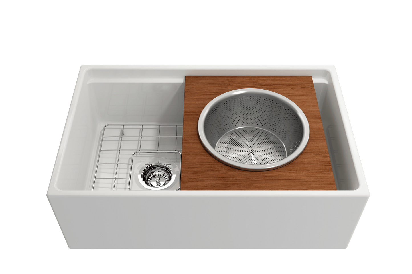 BOCCHI Prep Board Set for Workstation Sinks - Round SS Mixing Bowl & Colander - 2320 0015 in a stylish kitchen sink.