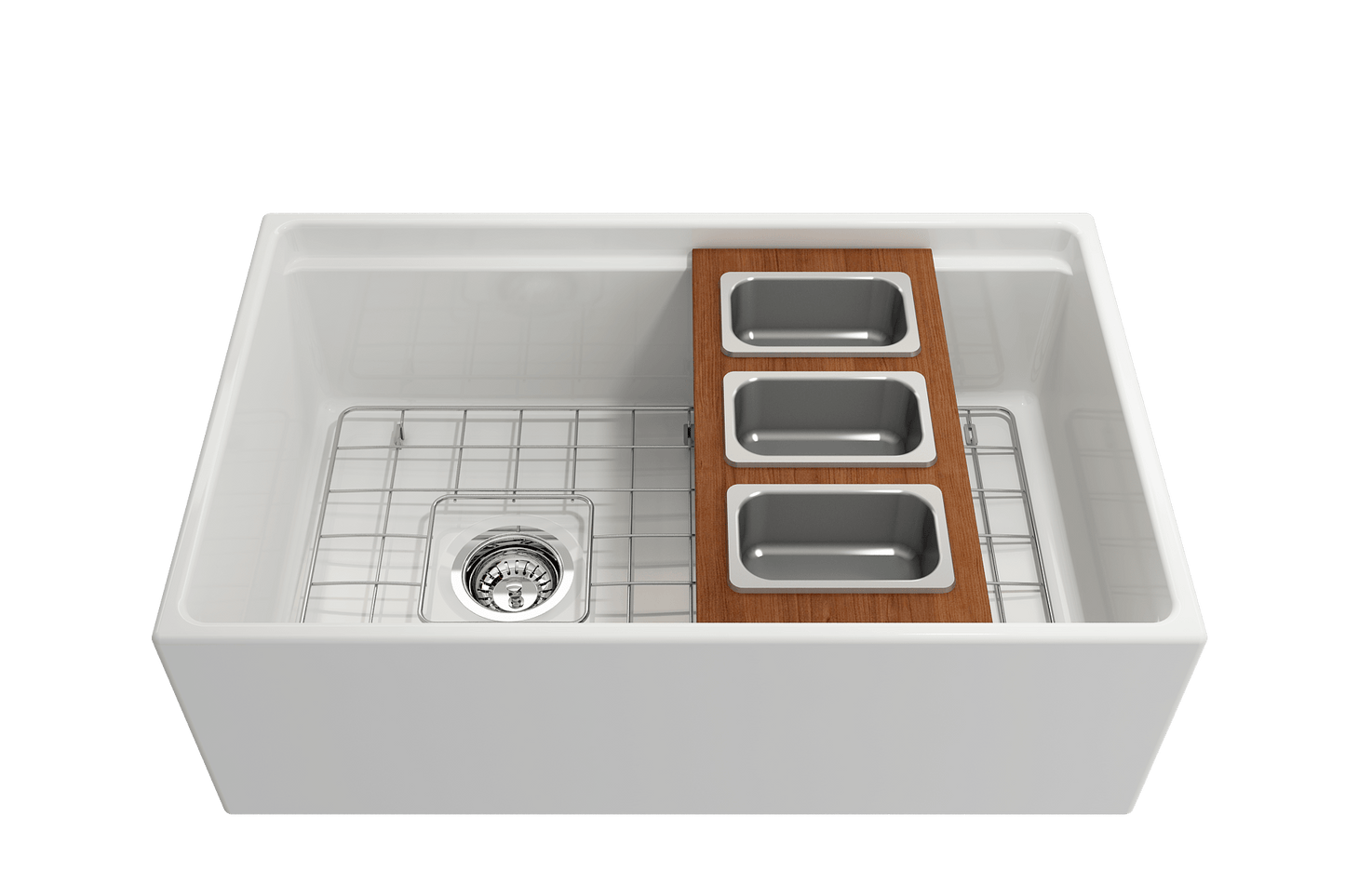 Bocchi Wood Board for Workstation Sinks - with 3 Rectangular Stainless Steel Bowls - 2320 0013 in a modern sink.