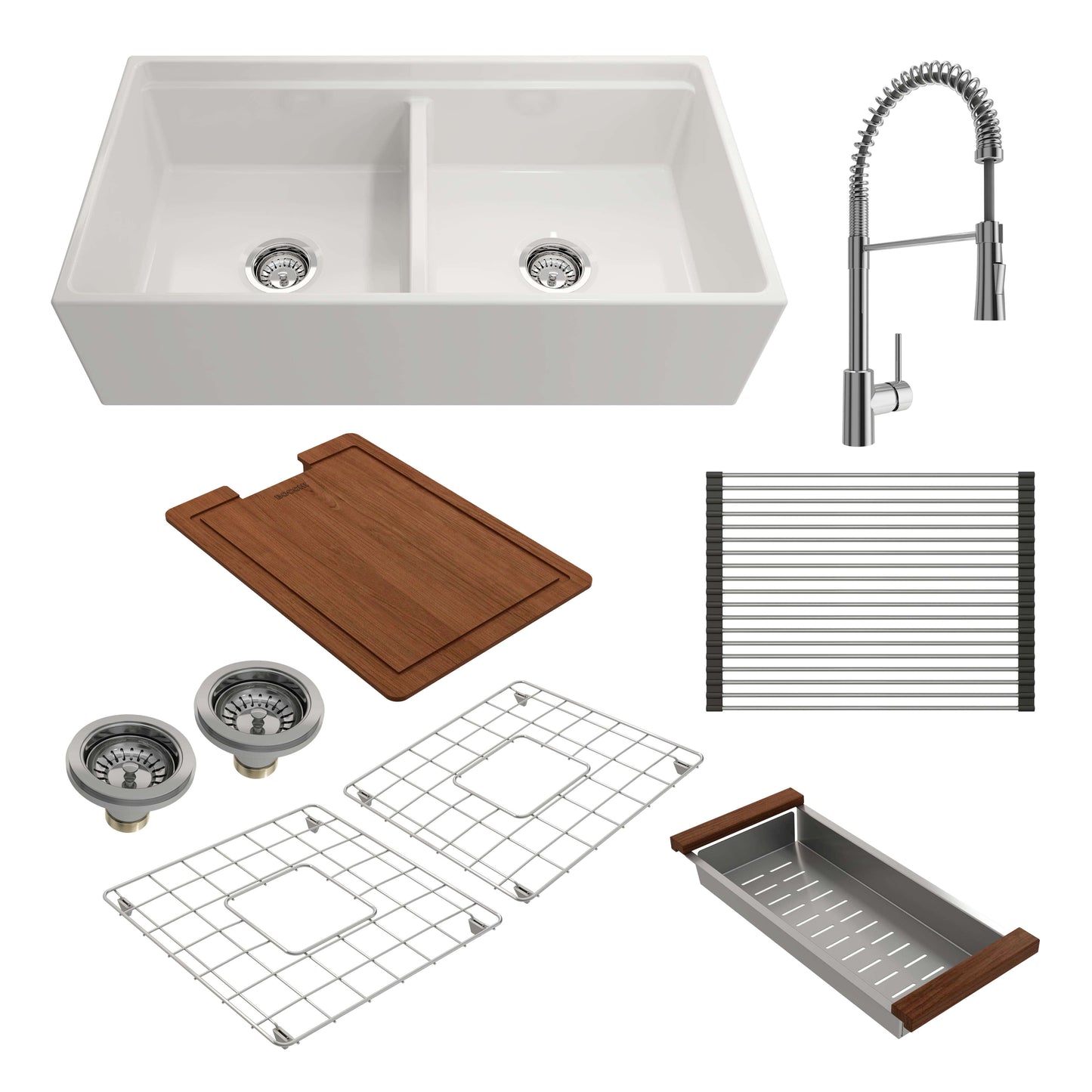 BOCCHI CONTEMPO 36" Double Bowl Fireclay Farmhouse Workstation Sink with Livenza Faucet in White with accessories.