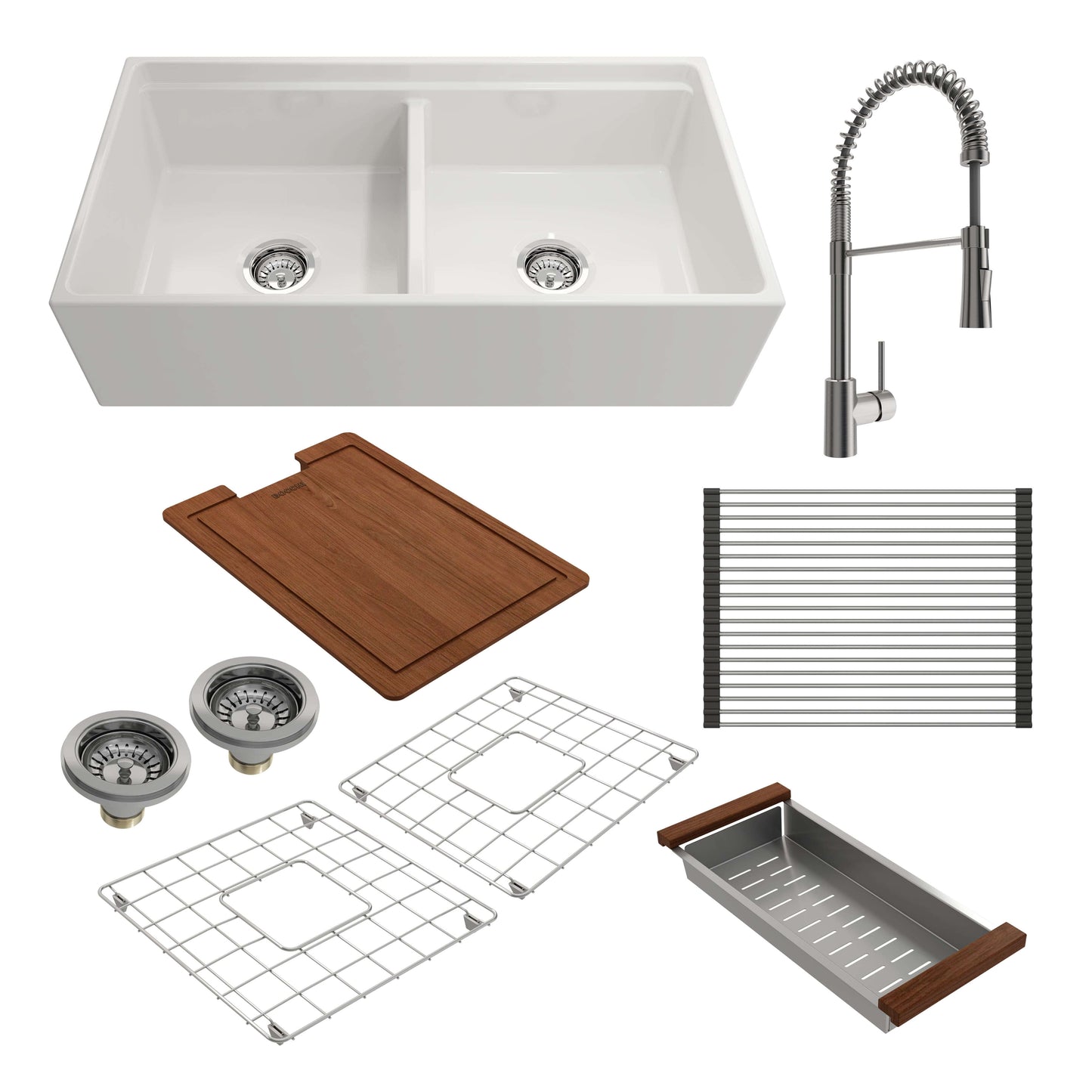 BOCCHI CONTEMPO 36" Double Bowl Fireclay Farmhouse Workstation Sink with Livenza Faucet and accessories in white and stainless steel.
