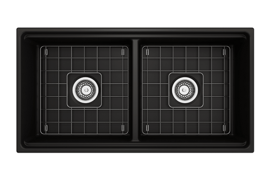 Top view of BOCCHI CONTEMPO 36" Step Rim Fireclay Farmhouse Double Bowl Kitchen Sink with Protective Bottom Grid and Strainer in Matte Black.