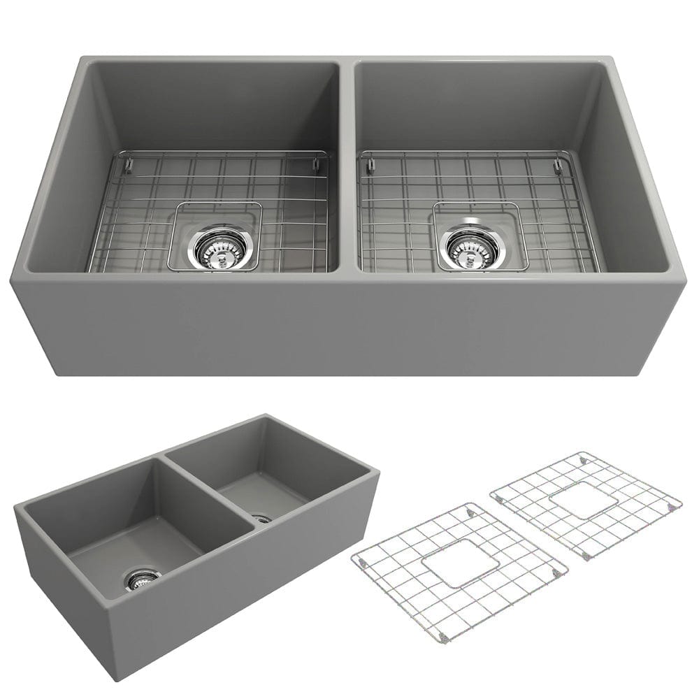 BOCCHI CONTEMPO 36" Fireclay Farmhouse Double Bowl Kitchen Sink with Protective Bottom Grid and Strainer in Matte Gray, top view.