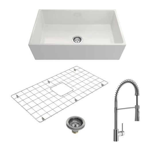 BOCCHI CONTEMPO 33" Fireclay Kitchen Sink with Bottom Grid, Strainer & Livenza Faucet in white and chrome.