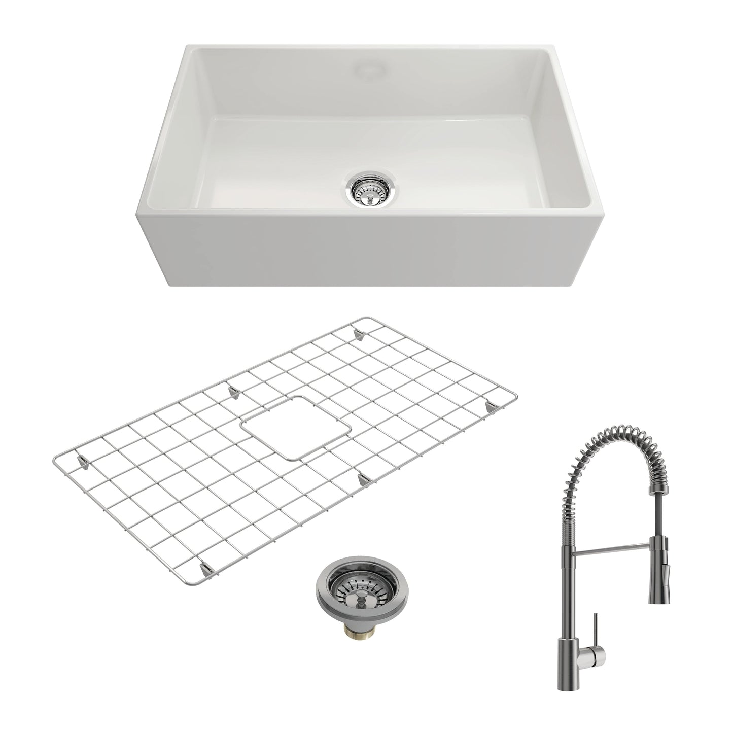 BOCCHI CONTEMPO 33" Fireclay Kitchen Sink with Bottom Grid, Strainer & Livenza Faucet in white with stainless steel finish.