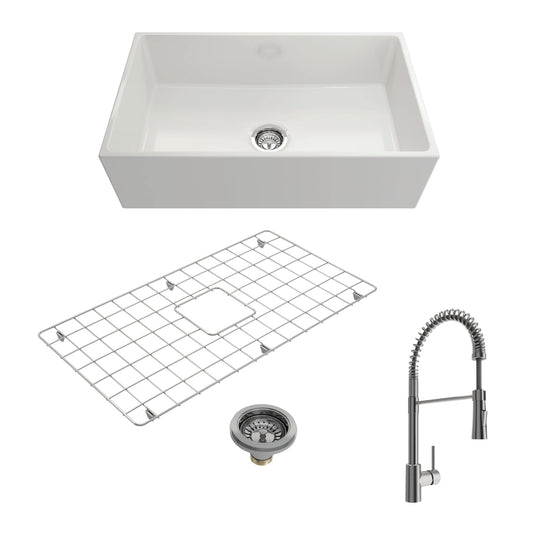 BOCCHI CONTEMPO 33" Fireclay Kitchen Sink with Bottom Grid, Strainer & Livenza Faucet in white with stainless steel finish.