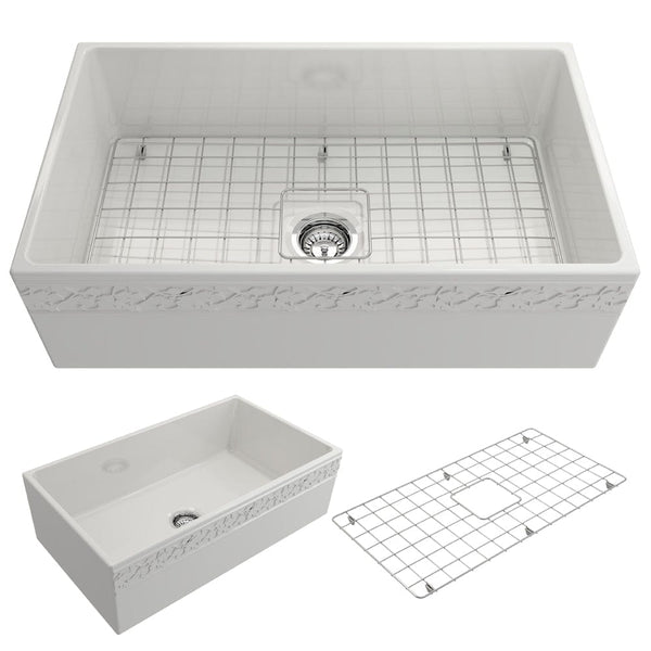 BOCCHI VIGNETO 33 Fireclay Farmhouse Single Bowl Kitchen Sink with Protective Bottom Grid and Strainer