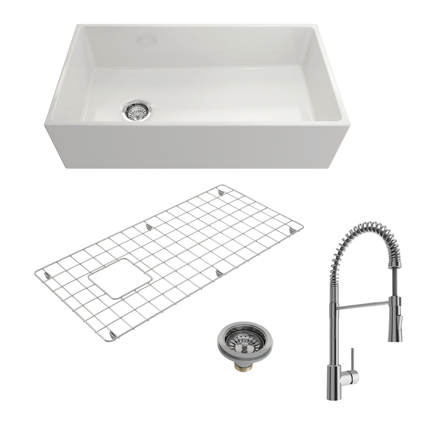 BOCCHI CONTEMPO 36" Fireclay Kitchen Sink with Bottom Grid, Strainer & Livenza Faucet in white finish, chrome faucet.