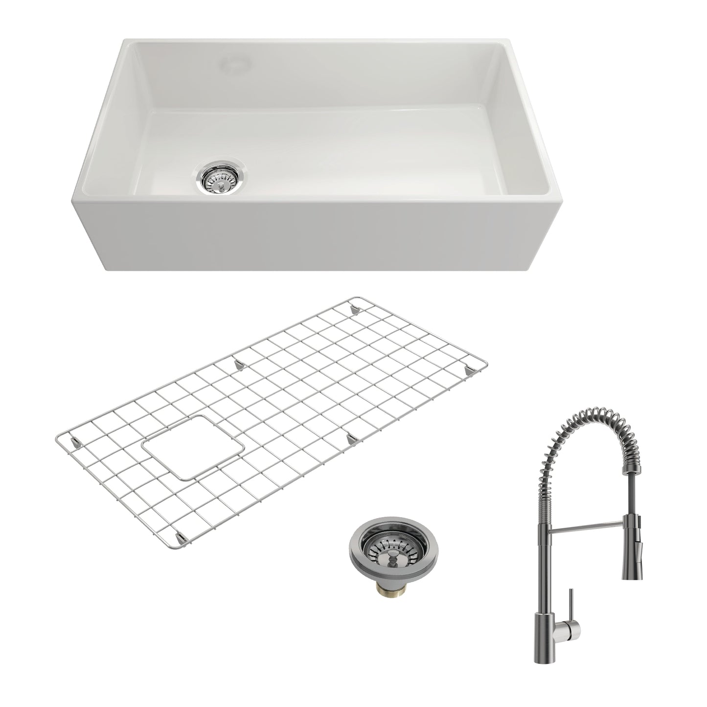 BOCCHI CONTEMPO 36" Fireclay Kitchen Sink with Bottom Grid, Strainer & Livenza Faucet in white finish.