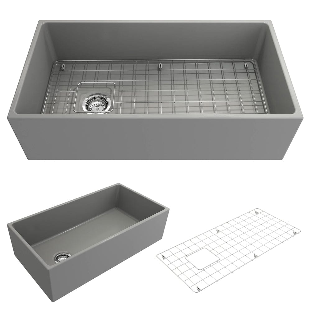 BOCCHI CONTEMPO 36" Fireclay Farmhouse Single Bowl Kitchen Sink with Protective Bottom Grid and Strainer in Matte Gray, top view.