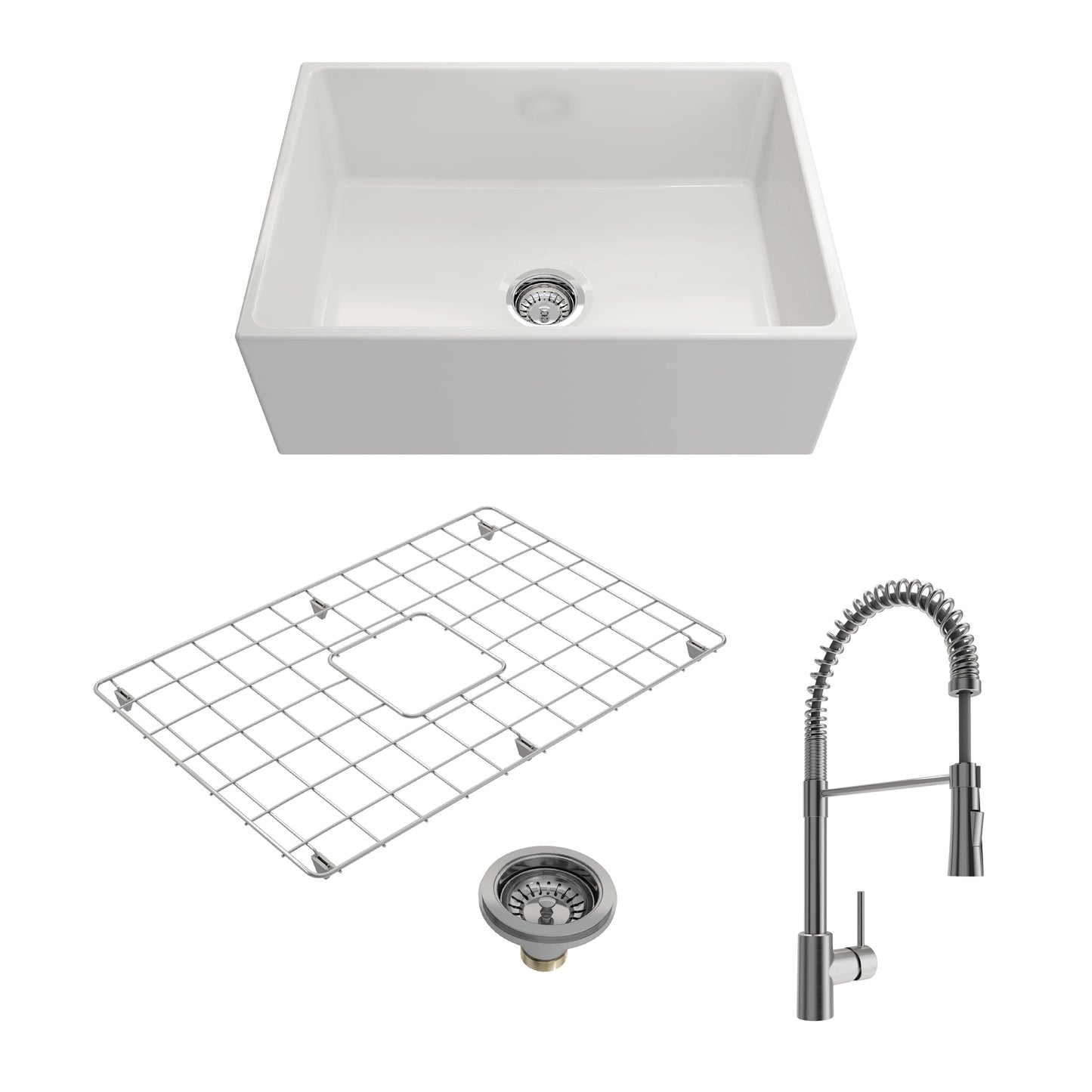 BOCCHI CONTEMPO 27" Fireclay Kitchen Sink with Bottom Grid, Strainer and Livenza Faucet in white and stainless steel.