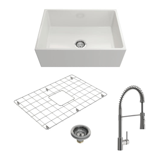 BOCCHI CONTEMPO 27" Fireclay Kitchen Sink with Bottom Grid, Strainer and Livenza Faucet in white and stainless steel.