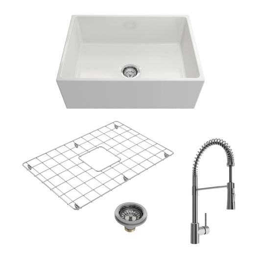 BOCCHI CONTEMPO 27" Fireclay Kitchen Sink with Protective Bottom Grid and Strainer with Livenza 2.0 Faucet