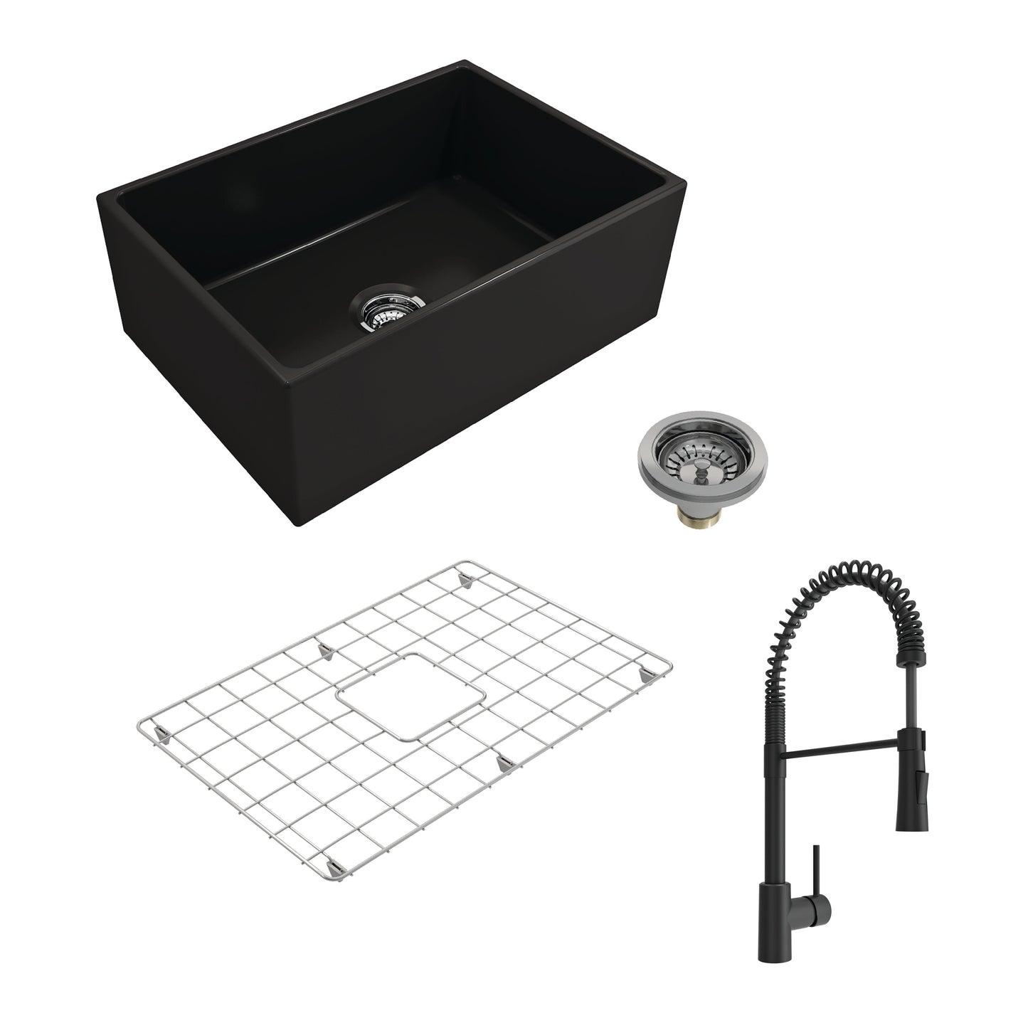 BOCCHI CONTEMPO 27" Fireclay Kitchen Sink with Bottom Grid, Strainer and Livenza Faucet in Matte Black.