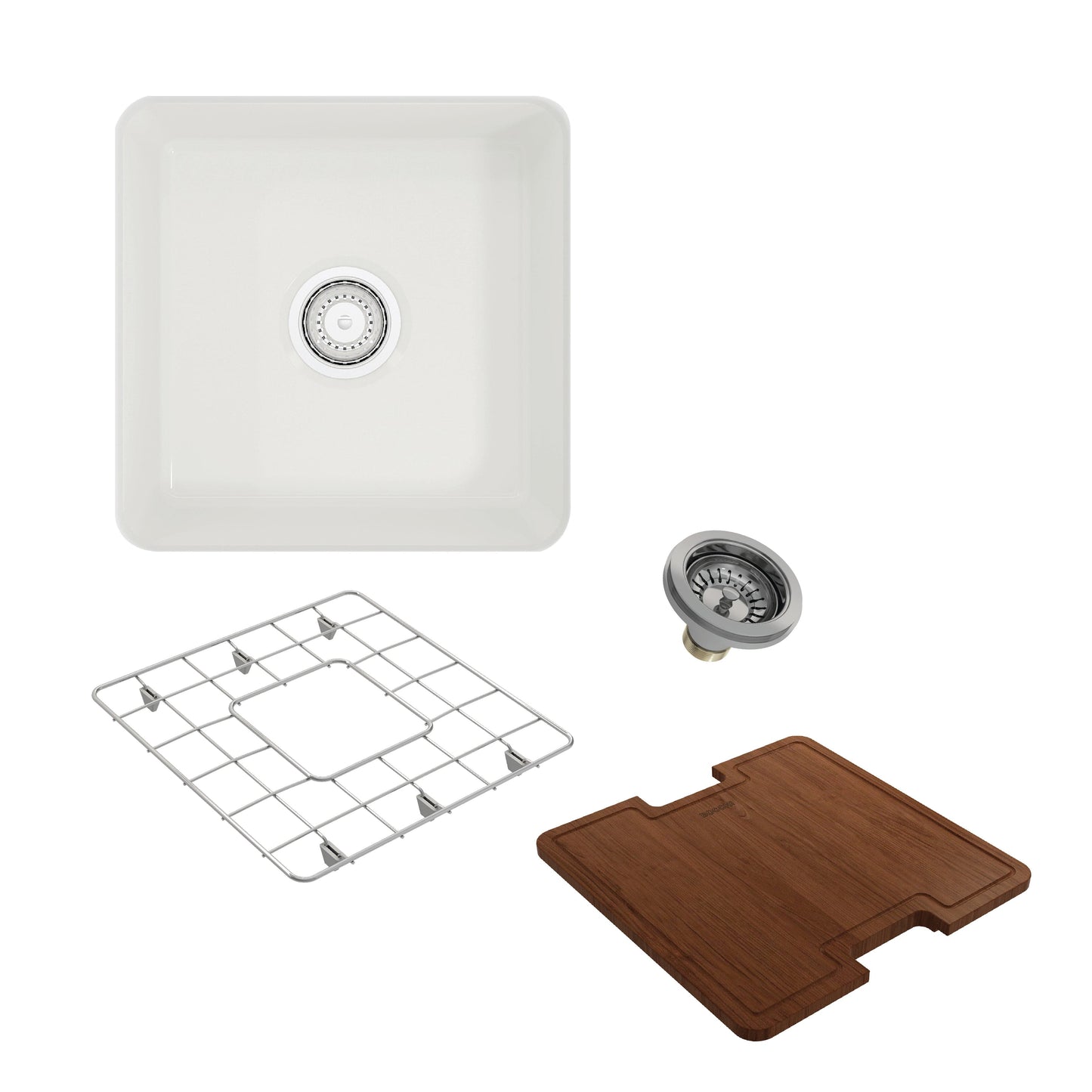 BOCCHI SOTTO 18" Fireclay Bar Sink Kit with Custom Fit Accessories in white fireclay, includes cutting board and grid.