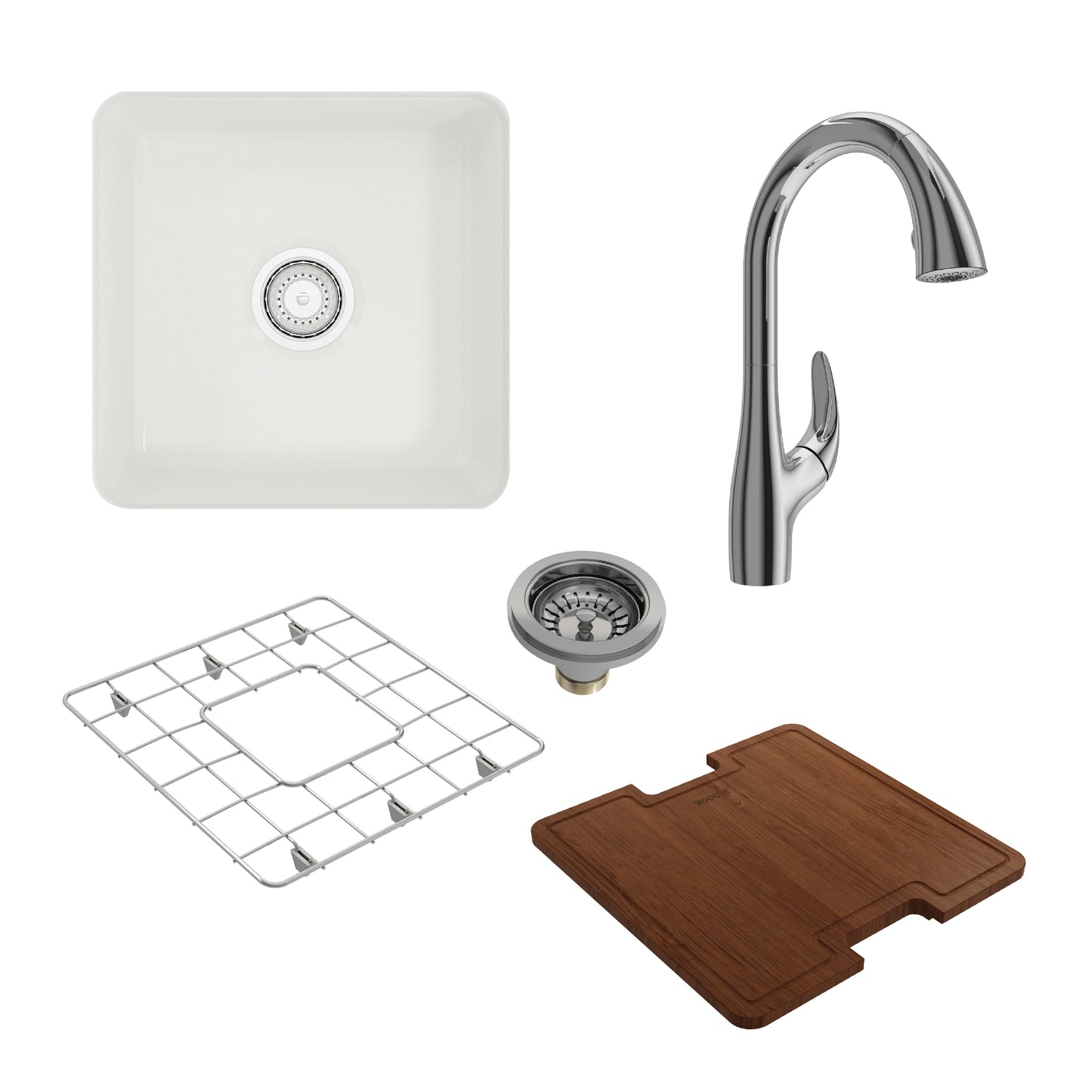 BOCCHI SOTTO 18" Fireclay Workstation Bar Sink with Pagano Faucet and Accessories in white and chrome