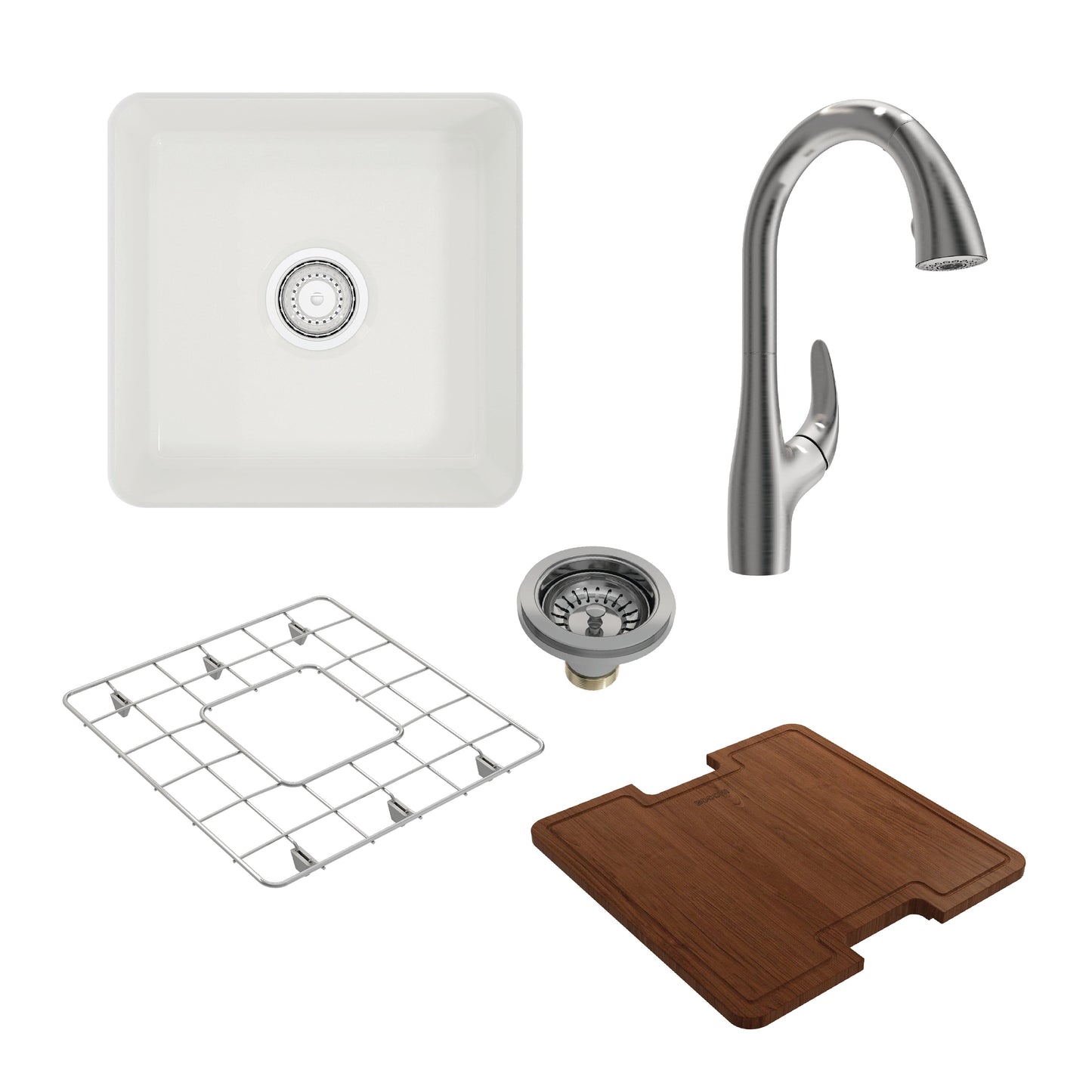 BOCCHI SOTTO 18" Fireclay Workstation Bar Sink with Pagano Faucet and Accessories in white and stainless steel.