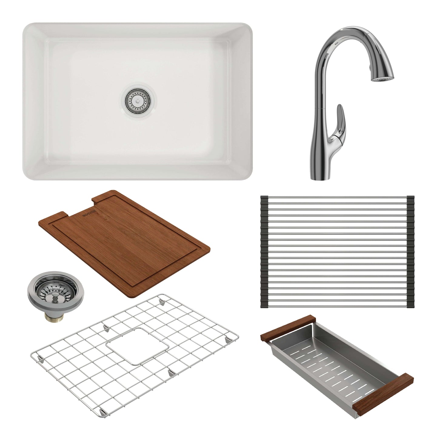 BOCCHI SOTTO 27" Fireclay Workstation Kitchen Sink with Pagano Faucet and Accessories in White and Chrome.