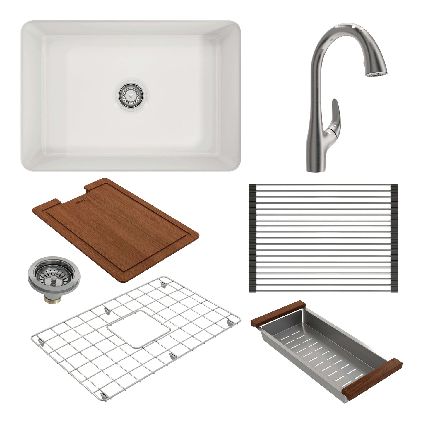 BOCCHI SOTTO 27" Fireclay Workstation Kitchen Sink with Pagano Faucet and Accessories, White sink, Stainless Steel faucet and wooden accessories.