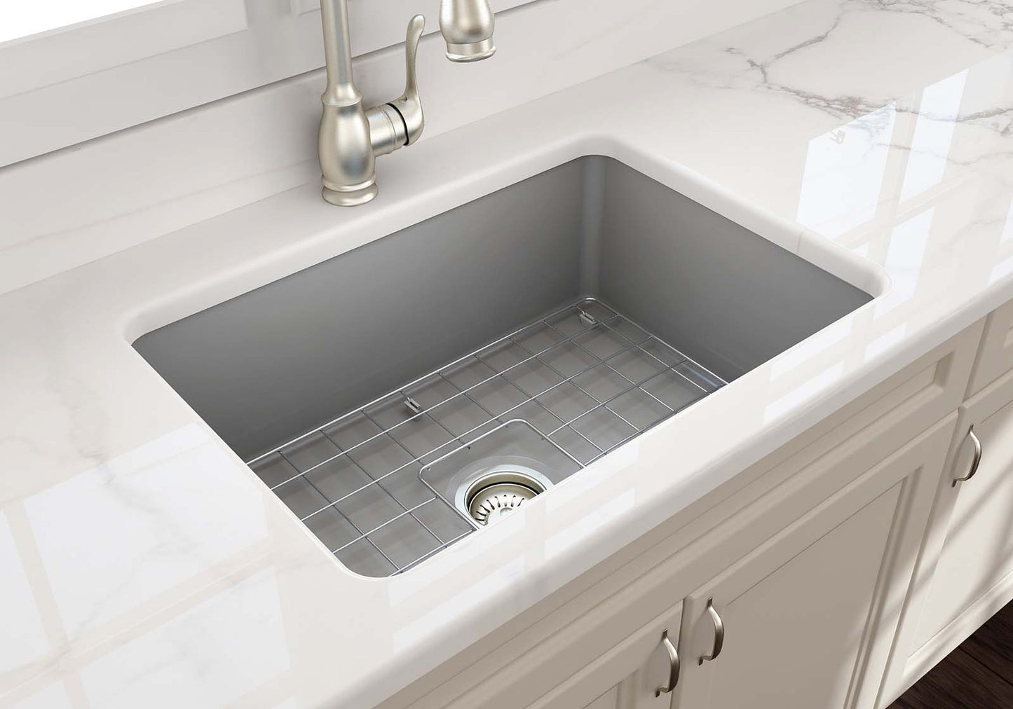 BOCCHI SOTTO 27" Fireclay Modern Undermount Single Bowl Kitchen Sink with Protective Bottom Grid and Strainer top view silver finish
