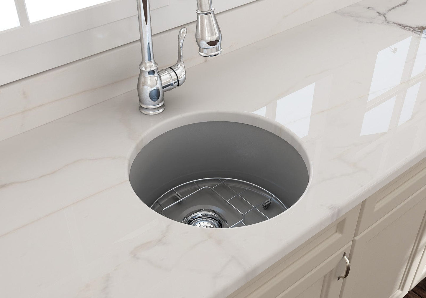Top view of BOCCHI SOTTO 18.5" Fireclay Modern Undermount Single Bowl Kitchen Sink with Protective Bottom Grid and Strainer.