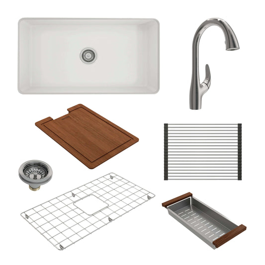 BOCCHI SOTTO 32" Fireclay Kitchen Sink Showing included Pagano 2.0 faucet and accessories