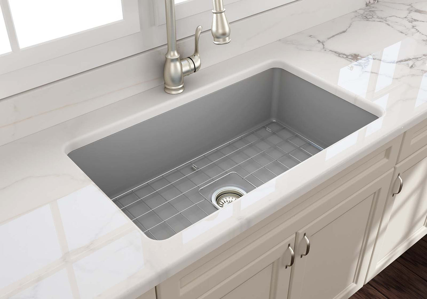 Top view of BOCCHI SOTTO 32" Fireclay Modern Undermount Single Bowl Kitchen Sink with Protective Bottom Grid and Strainer.