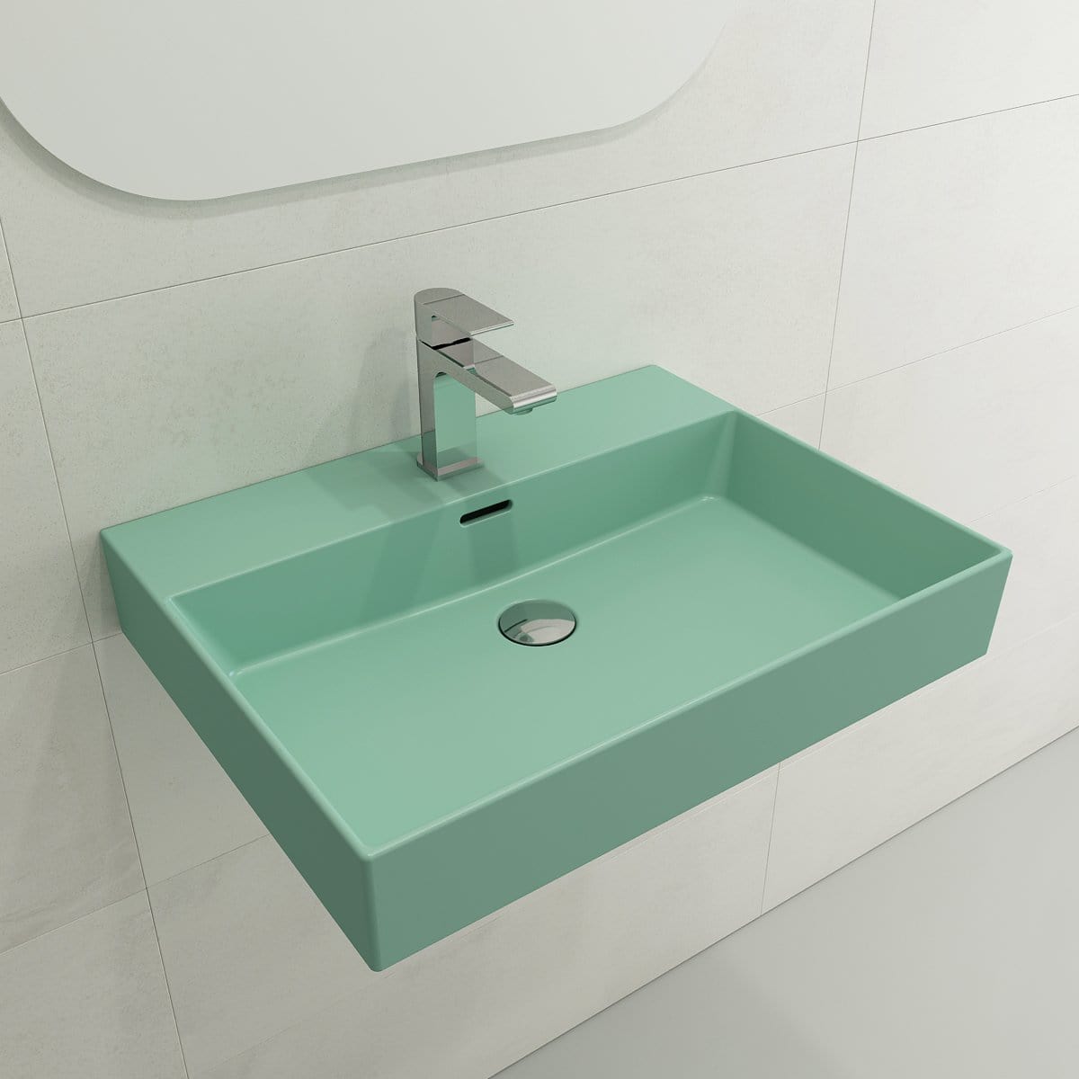 BOCCHI MILANO 24" Wall-Mounted Sink Fireclay 1-Hole With Overflow in mint green with modern faucet.