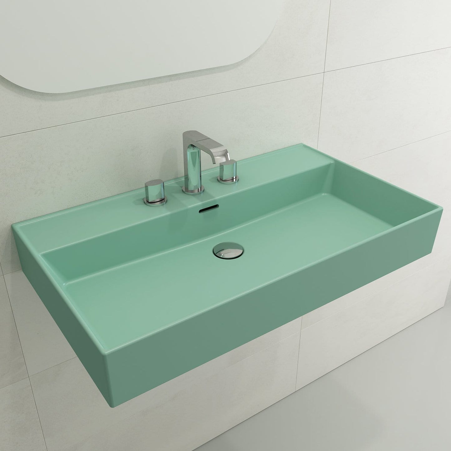 BOCCHI MILANO 32" Wall-Mounted Sink Fireclay 3-Hole With Overflow in stylish mint color on bathroom wall.