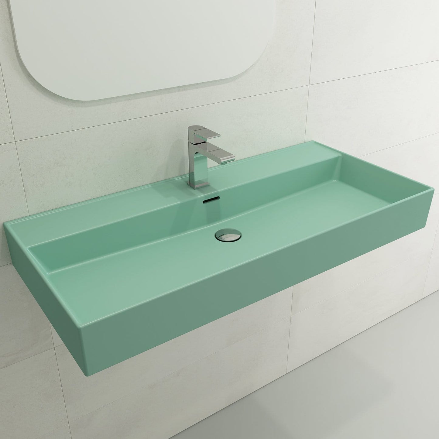 BOCCHI MILANO 39.75" Wall-Mounted Sink Fireclay 1-Hole With Overflow in mint green finish.