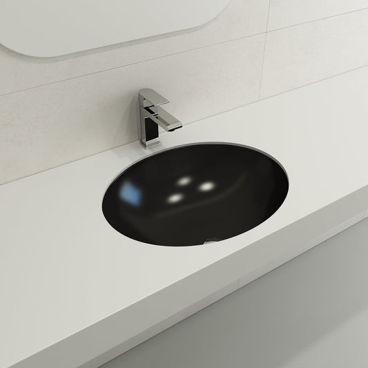 BOCCHI PARMA 22" Undermount Sink Fireclay With Overflow in matte black, showcasing sleek design against white countertop.