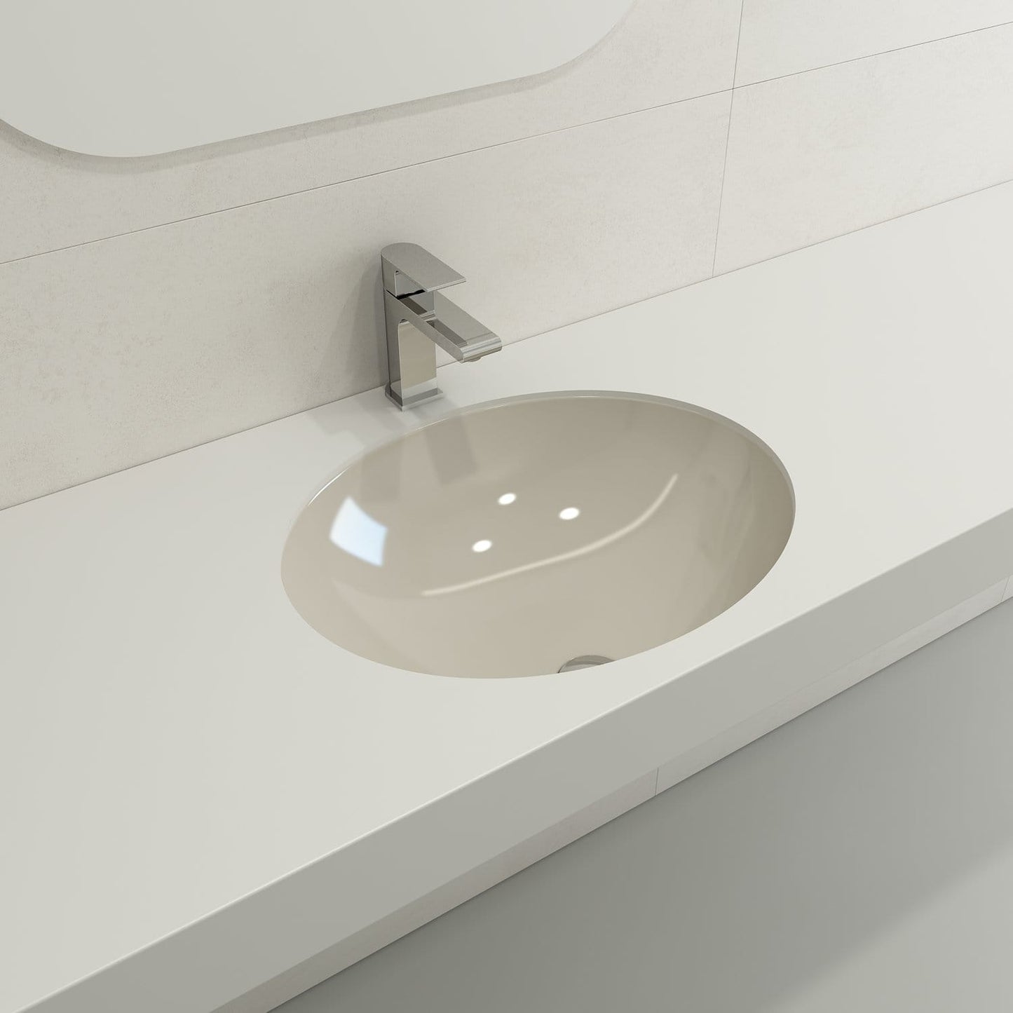 BOCCHI PARMA 22" Undermount Sink Fireclay With Overflow in Biscuit color, showcasing a sleek oval basin integrated into a countertop.