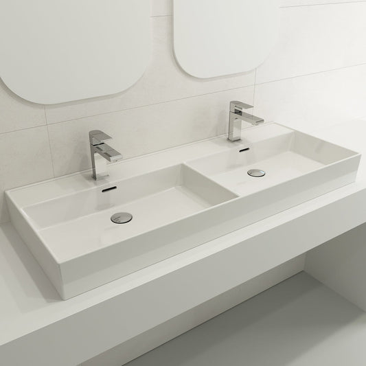 BOCCHI MILANO 47.75" Wall-Mounted Sink Fireclay Double Bowl For Two 1-Hole Faucets With Overflows in modern bathroom design.
