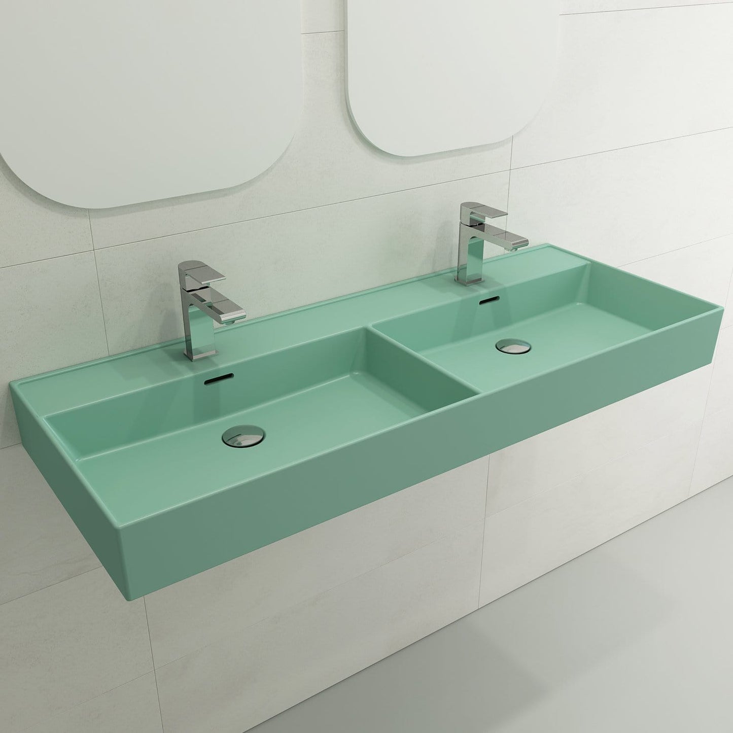 BOCCHI MILANO 47.75" Wall-Mounted Sink Fireclay Double Bowl For Two 1-Hole Faucets With Overflows