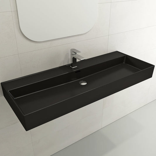 BOCCHI MILANO 47.75" Wall-Mounted Sink Fireclay 1-Hole With Overflow in black finish mounted on a wall.