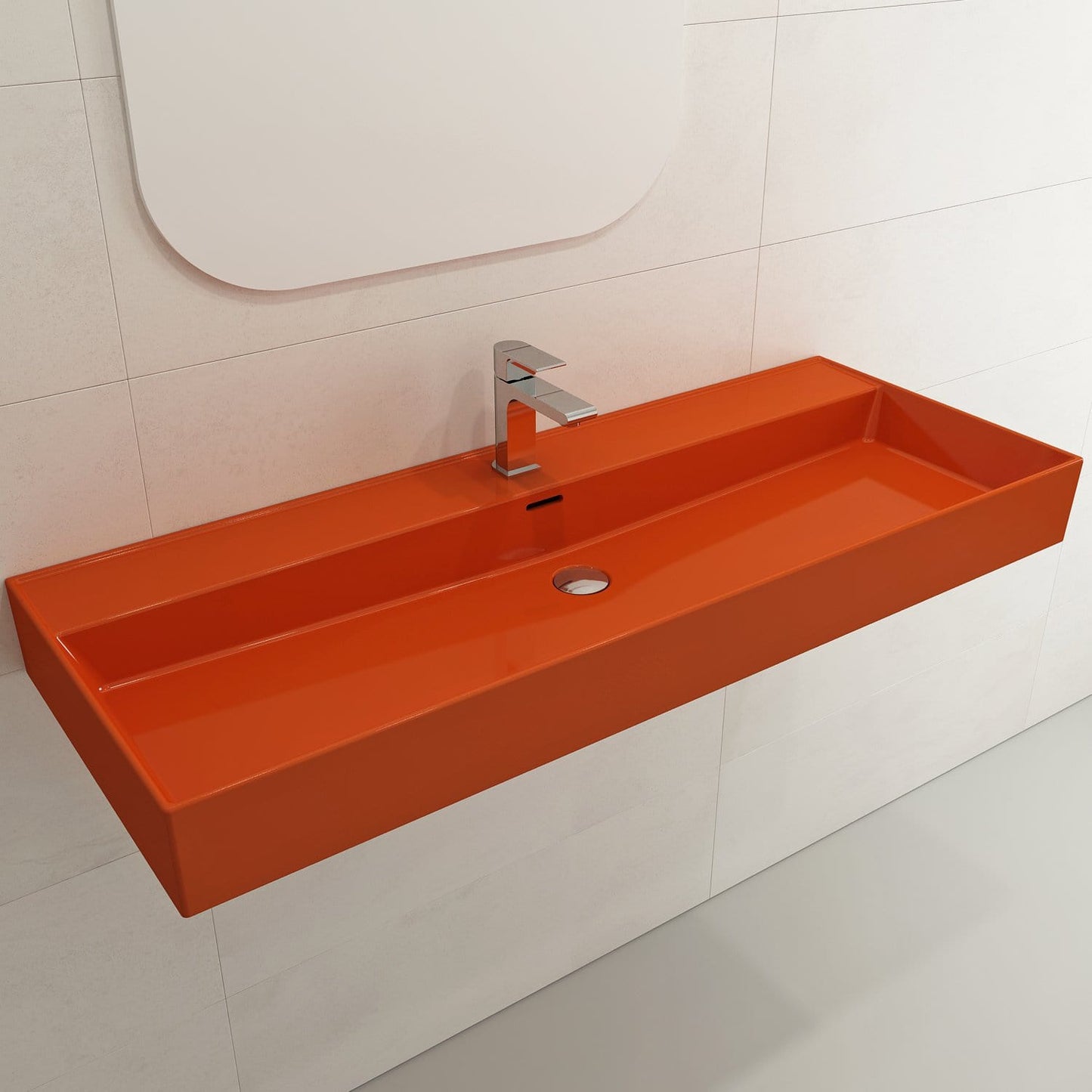BOCCHI MILANO 47.75" Wall-Mounted Sink Fireclay 1-Hole With Overflow in vibrant orange color.