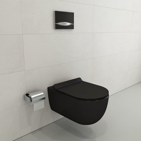 BOCCHI VETTORE Wall-Hung Toilet Bowl in sleek black design mounted on a modern bathroom wall.