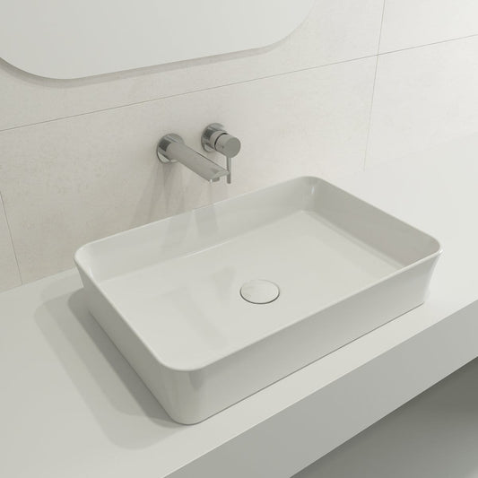 BOCCHI SOTTILE 21.5" Rectangle Vessel Fireclay With Matching Drain Cover, top view on a modern countertop.