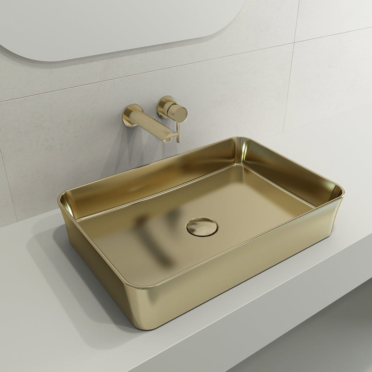 BOCCHI SOTTILE 21.5" Rectangle Vessel Fireclay With Matching Drain Cover in matte gold, viewed from left side, showcasing sleek design.