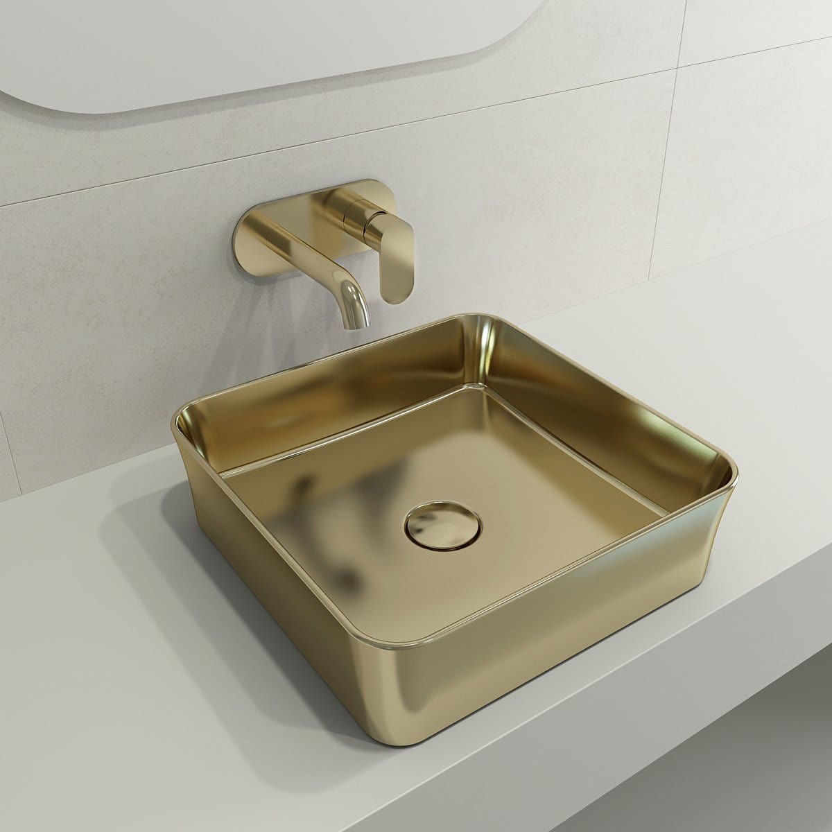 BOCCHI SOTTILE 15.25" Square Vessel Fireclay with Matching Drain Cover in Matte Gold, left side view