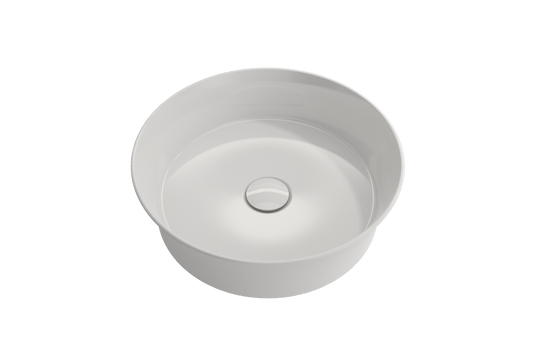 Top view of BOCCHI SOTTILE 15" Round Vessel Fireclay with Matching Drain Cover in glossy white finish.