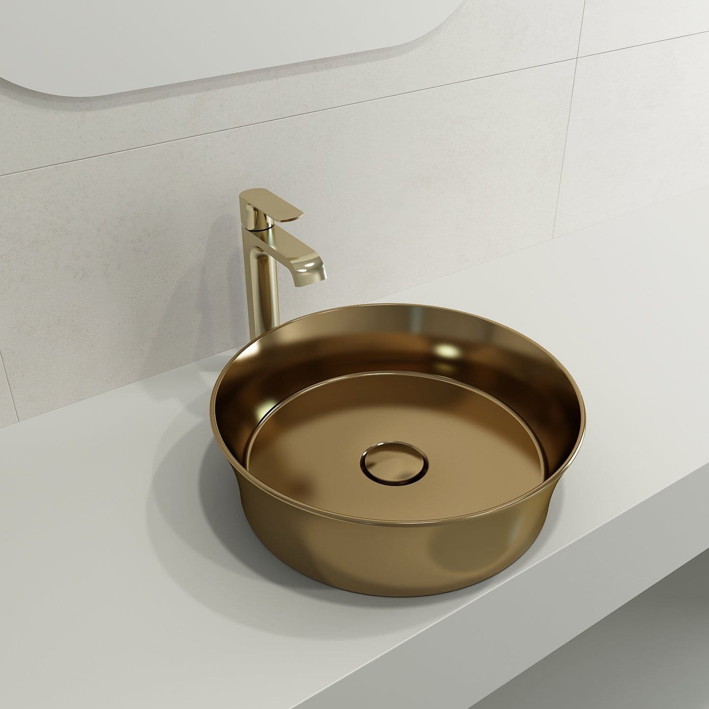 BOCCHI SOTTILE 15" Round Vessel Fireclay with Matching Drain Cover in matte gold, left side view on countertop.