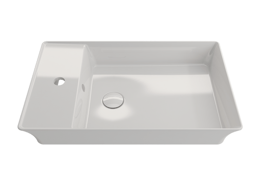 Top view of BOCCHI SOTTILE 23.5" Rectangle Vessel Fireclay 1-Hole Faucet Deck with Matching Drain Cover in white.