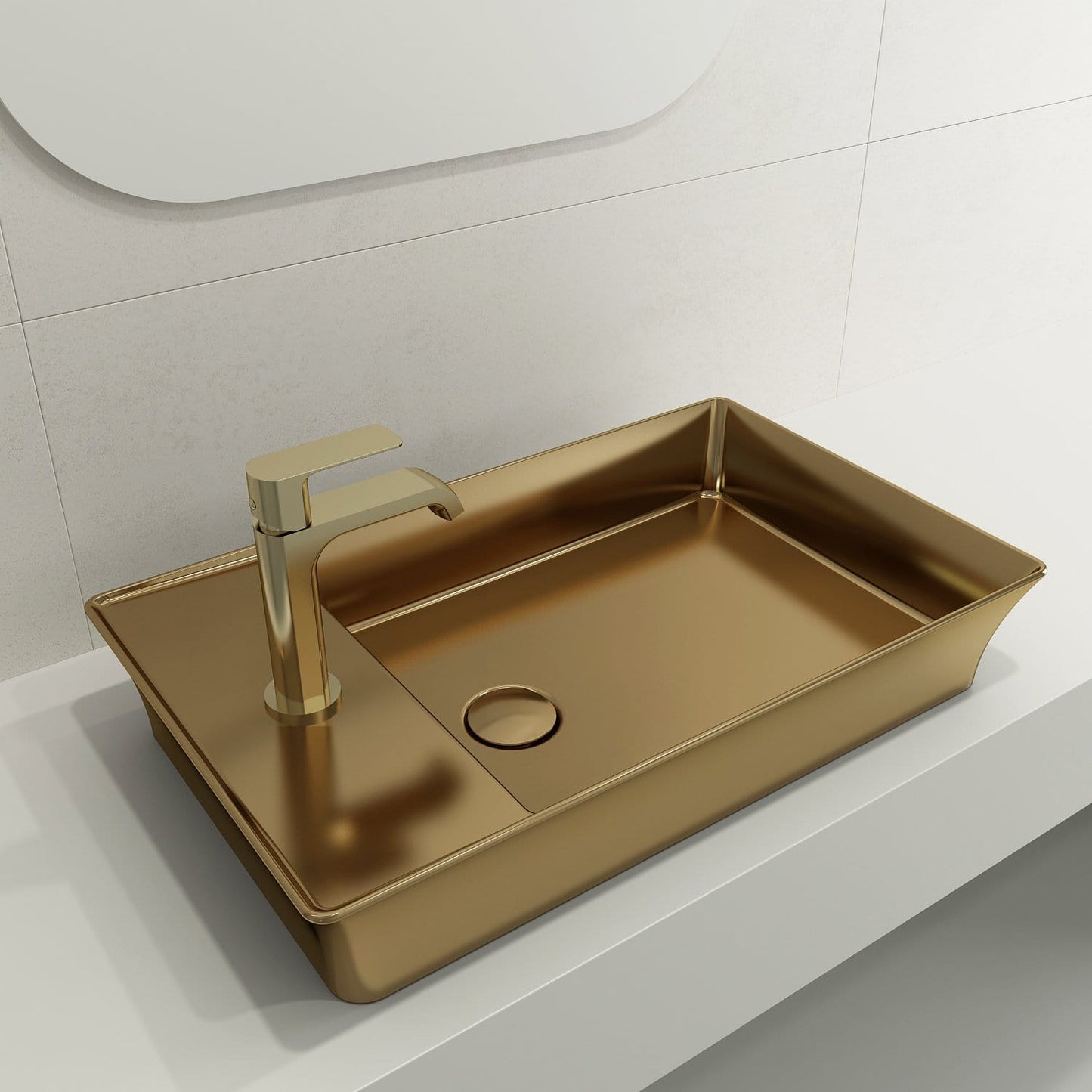 BOCCHI SOTTILE 23.5" Rectangle Vessel Fireclay 1-Hole Faucet Deck with Matching Drain Cover in gold finish, top-right view.