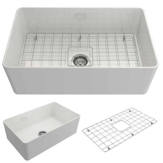BOCCHI ADERCI FORTE 30" Ultra-Slim Farmhouse Fireclay Single Bowl Kitchen Sink top view with grid.