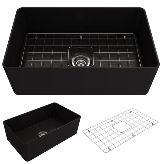 BOCCHI ADERCI FORTE 30" Ultra-Slim Farmhouse Fireclay Single Bowl Kitchen Sink in Matte Black with grid rack.