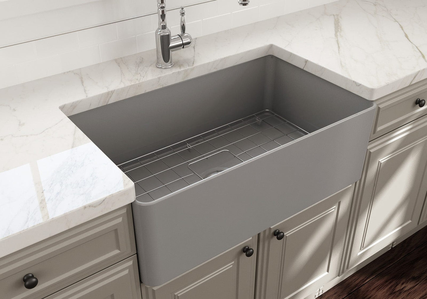 BOCCHI ADERCI FORTE 30" Ultra-Slim Farmhouse Fireclay Single Bowl Kitchen Sink in gray finish, overhead view.