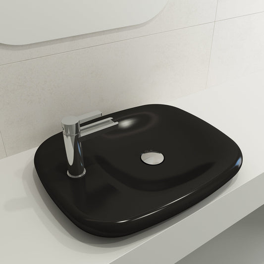 BOCCHI FENICE 21.75" Vessel Fireclay 1-Hole shown in modern black design with integrated drain solution.